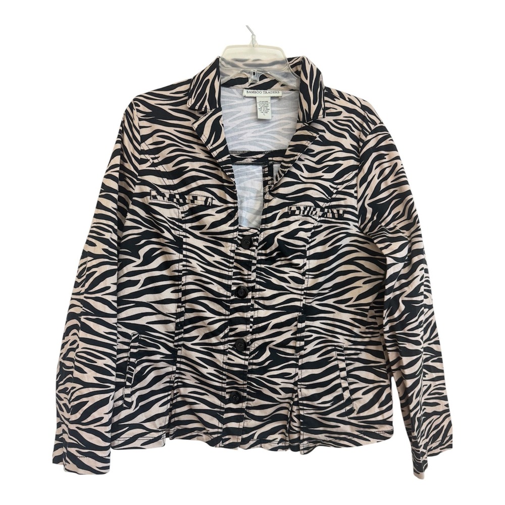 Bamboo Traders Zebra Print Button Front Jacket Tan Black Cotton Stretch Large